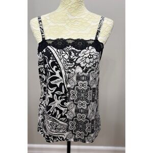 Chicos Silk Tank Top Sz 1 = S Black White Floral Geometric Lace Trim Cami Career